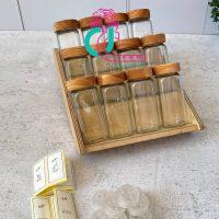 پک کاربردی 12 تایی(شیشه ادویه درب چوبی _استند ادویه چوبی_ درب نمکپاشی _لیبل نوشته شده -لیبل بدون نوشته)